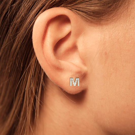 Avarta Jewellery Gold M Letter Diamond Studs Earrings