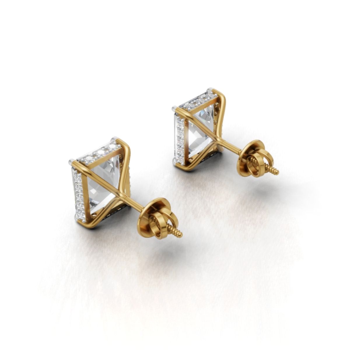Yellow Gold Emerald Cut Moissanite Studs | 3 Carat Halo Solitaire Earrings by Avarta Jewellery