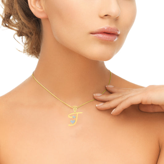 "J" for Just Wow or Just Mine Double Heart Initial Diamond Pendant (9K/14K/18K Gold) Alphabet Pendant Necklace by Avarta Jewellery