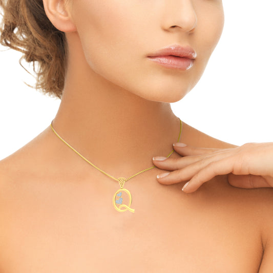 Graceful "Q" Quiet Luxury Initial Pendant with Double Hearts, Lab Grown Diamond Jewelry in 9K/14K/18K Gold | Modern Elegant Statement Piece