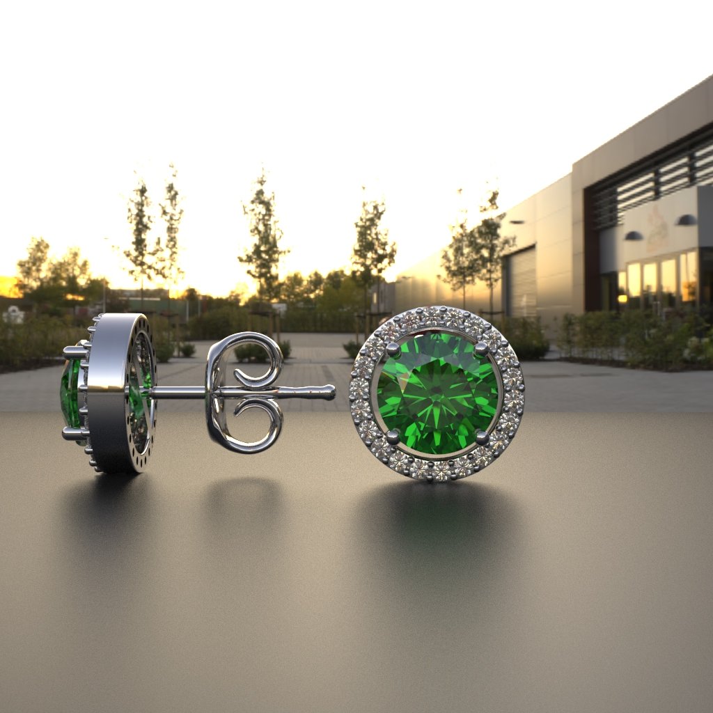 Avarta Sterling Silver Halo Emerald Green Solitaire Stud Earrings For Girls & Women