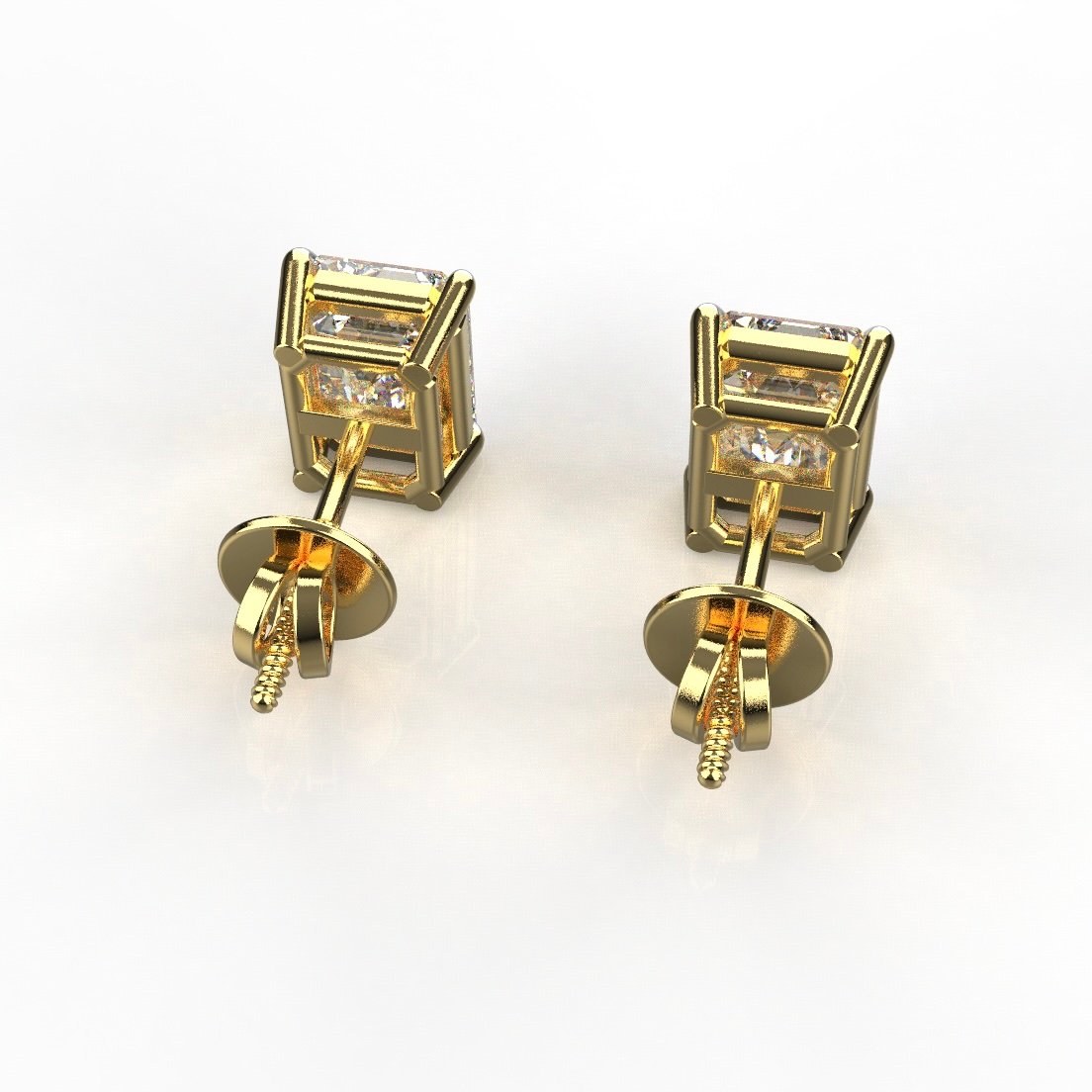 Avarta Sterling Silver 1 Carat Each Emerald Cut Solitaire Stud Earrings With Gold Polish