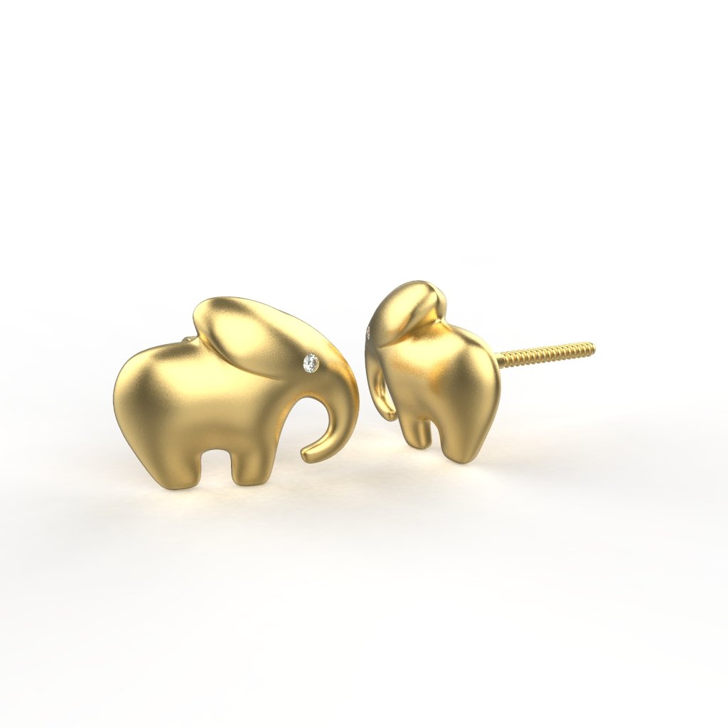 Avarta 18k Yellow Gold Elephant Diamond Stud Earrings for Kids, Girls & Women