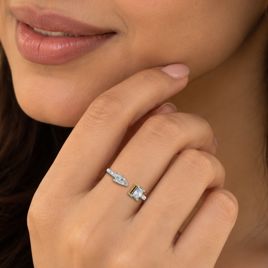 Avarta Sterling Silver Toi-Et-Moi Pear Emerald Cut Moissanite Ring