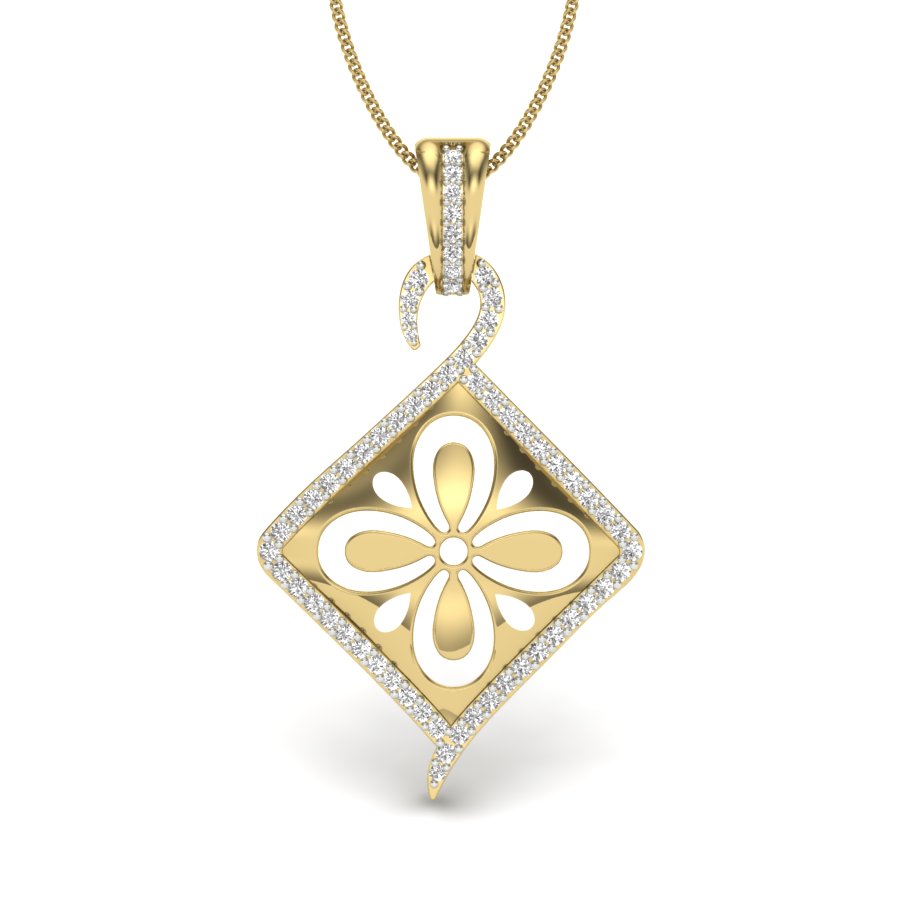 Luxurious Diamond Floral Square Pendant in 9K-14K-18K Gold - Sacred Bloom Suspended in Golden Glow