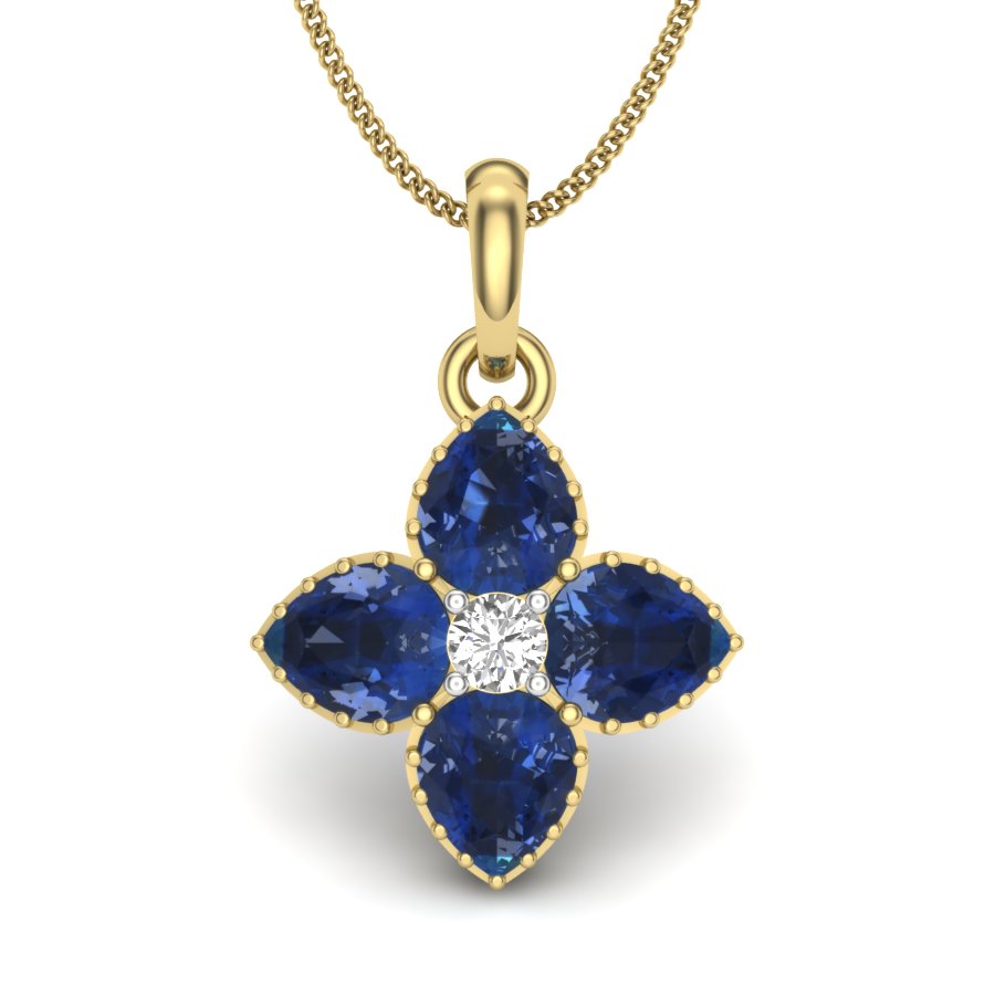 Royal Midnight Sapphire Pendant, Lab Grown Blue Sapphire & Diamond Flower Necklace in 9K/14K/18K Gold | Luxurious Floral Jewelry