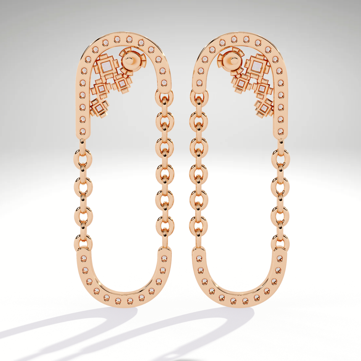 9K-14K-18K Solid Gold Linked Chain Drop Earrings | Pave U Shape Dangle Modern Statement Earrings