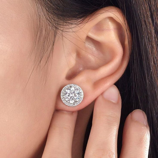 Avarta Sterling Silver 2 Carat Each Halo Solitaire Stud Earring