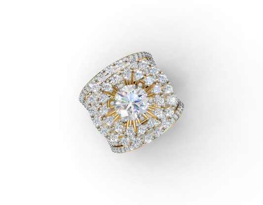 Top view of 8.50 mm round moissanite centre with sunburst rays and diamond-set band