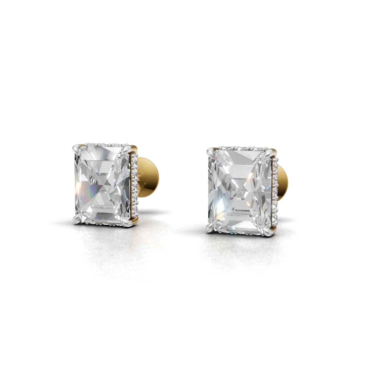 Yellow Gold Emerald Cut Moissanite Studs | 3 Carat Halo Solitaire Earrings by Avarta Jewellery Main image