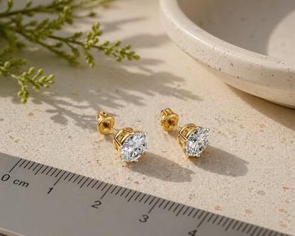 2 Carat Each Solitaire Stud Earrings in 925 Sterling Silver with Gold Plating | Push Back Closure | Avarta Jewellery