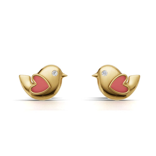 Cute Bird Heart Stud Earrings | Pink Enamel Bird Earrings | Gold Plated 925 Silver Cute Animal Jewelry