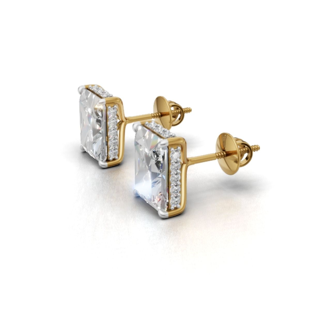 Yellow Gold Emerald Cut Moissanite Studs | 3 Carat Halo Solitaire Earrings by Avarta Jewellery