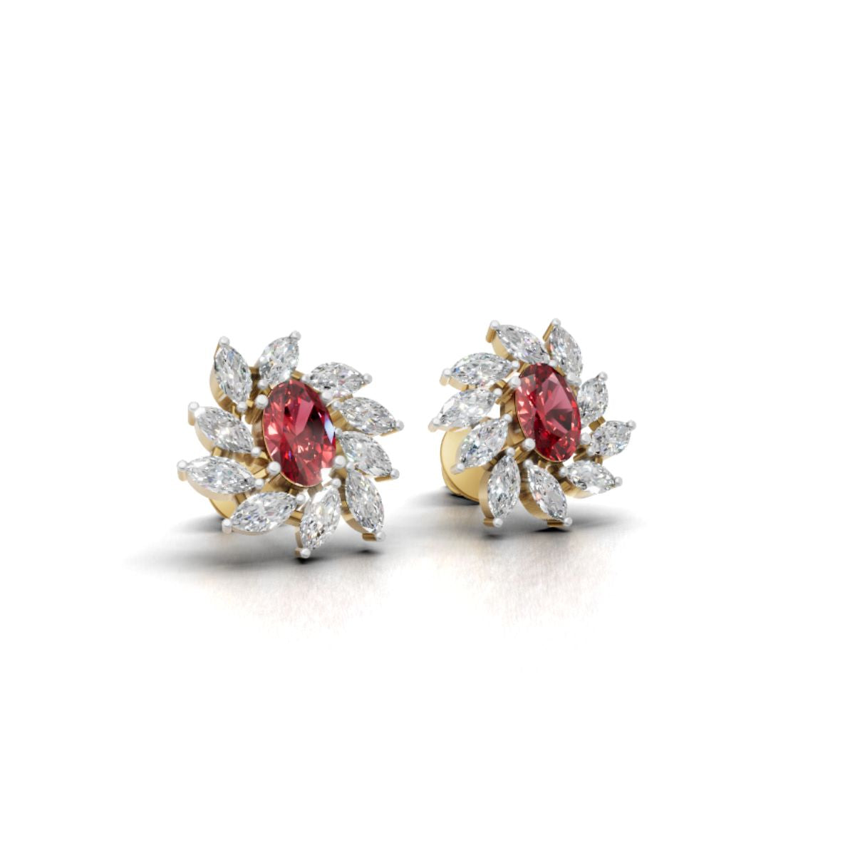Avarta Gold Diamond Stud Earrings with Ruby Emerald