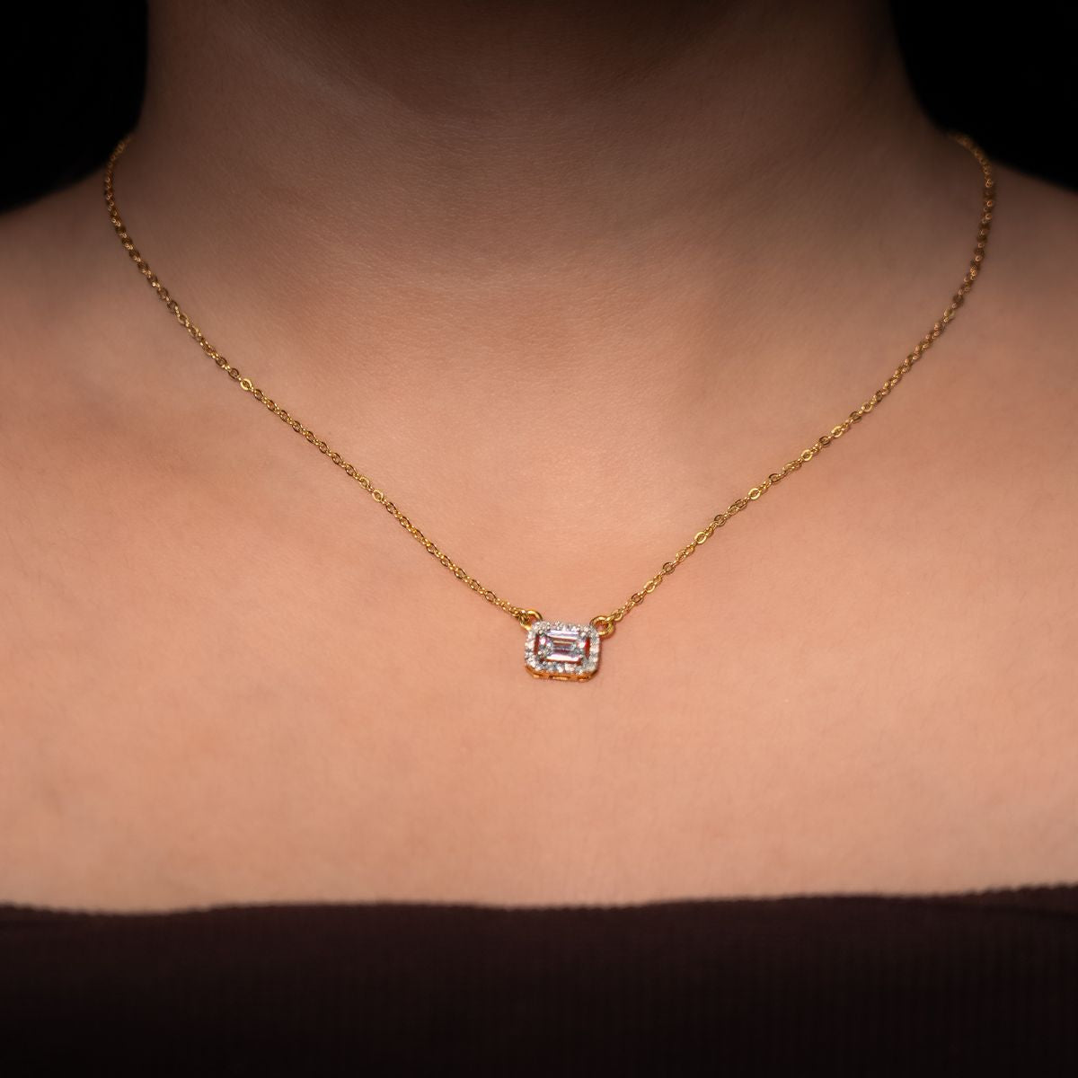 Avarta Gold 50 Cents Emerald Cut Halo Diamond Pendant With Chain