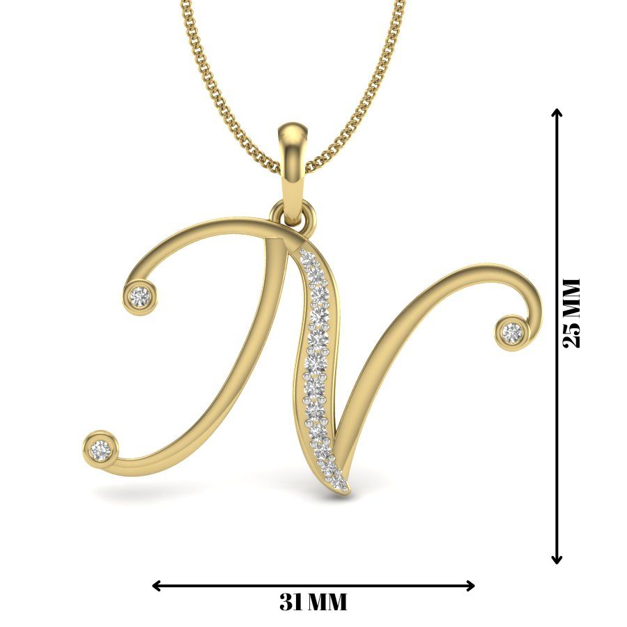 Personalised Initial “N” Pendant in 9K | 14K | 18K BIS Hallmarked Yellow, Rose & White Gold with Certified Lab Grown Diamonds, Alphabet Jewellery Gift For Women's by Avarta