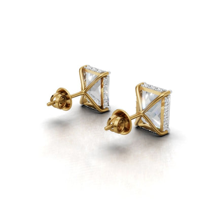 Yellow Gold Emerald Cut Moissanite Studs | 3 Carat Halo Solitaire Earrings by Avarta Jewellery