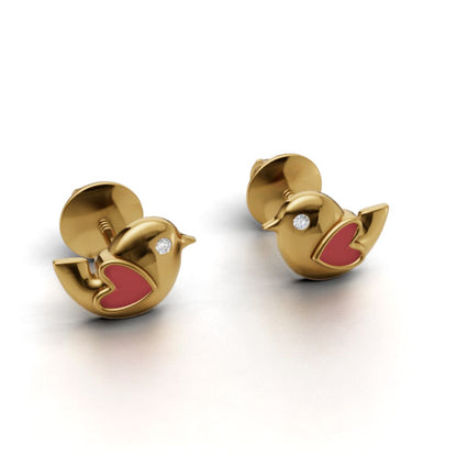 Cute Bird Heart Stud Earrings | Pink Enamel Bird Earrings | Gold Plated 925 Silver Cute Animal Jewelry