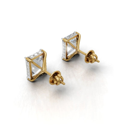 Yellow Gold Emerald Cut Moissanite Studs | 3 Carat Halo Solitaire Earrings by Avarta Jewellery