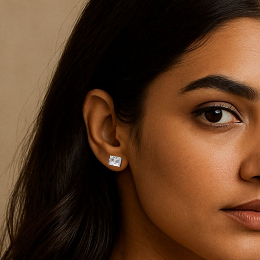 Yellow Gold Emerald Cut Moissanite Studs | 3 Carat Halo Solitaire Earrings by Avarta Jewellery