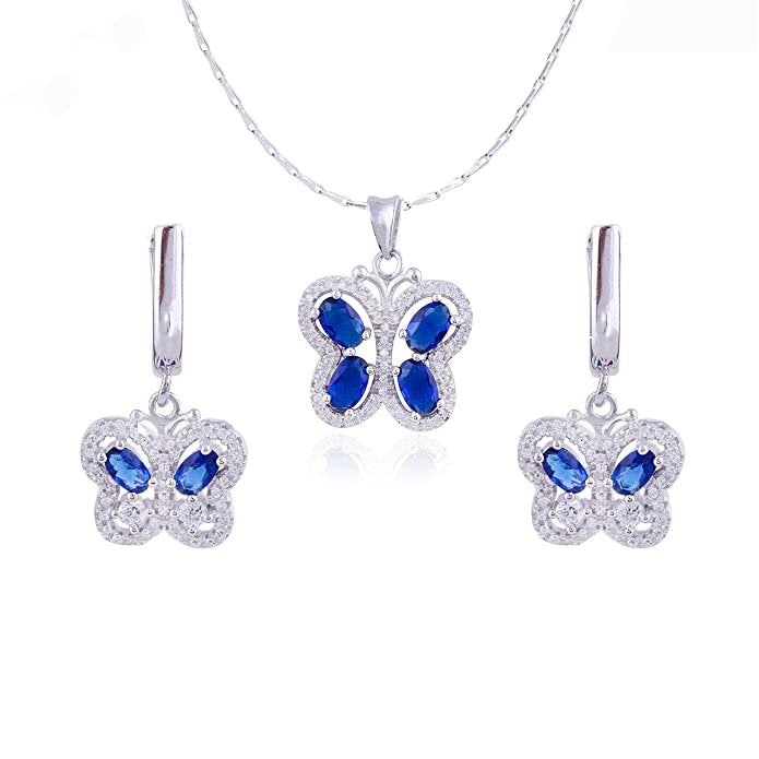 Avarta Jewellery Sterling Silver Blue Sapphire Butterfly Pendant Set Main image