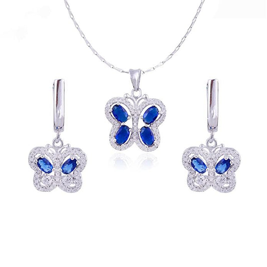 Avarta Jewellery Sterling Silver Blue Sapphire Butterfly Pendant Set
