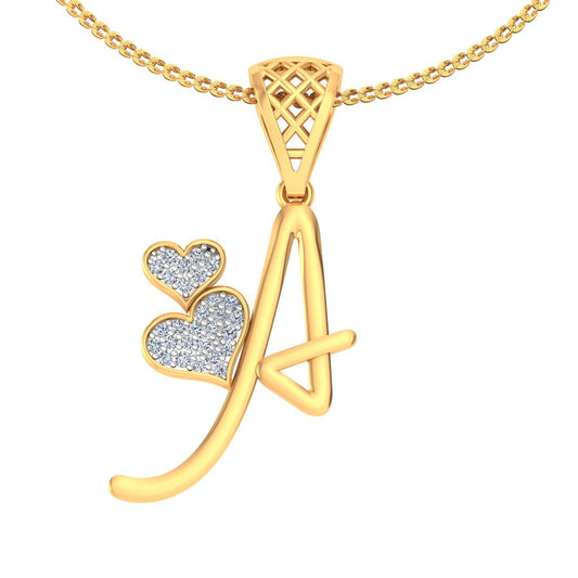 Heartfelt "A" Initial Diamond Pendant with Twin Hearts | Personalized 9K/14K/18K Gold Alphabet Pendant Necklace | Romantic Initial Jewelry Gift for Wife, Girlfriend & Daughter