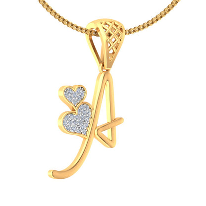 Heartfelt "A" Initial Diamond Pendant with Twin Hearts | Personalized 9K/14K/18K Gold Alphabet Pendant Necklace | Romantic Initial Jewelry Gift for Wife, Girlfriend & Daughter