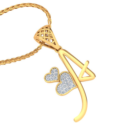 Heartfelt "A" Initial Diamond Pendant with Twin Hearts | Personalized 9K/14K/18K Gold Alphabet Pendant Necklace | Romantic Initial Jewelry Gift for Wife, Girlfriend & Daughter