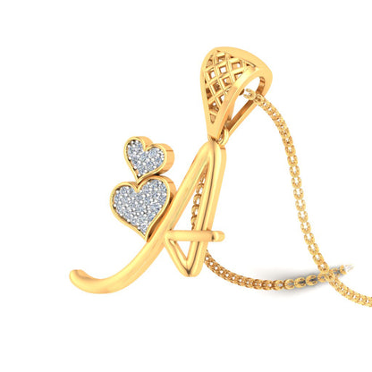 Heartfelt "A" Initial Diamond Pendant with Twin Hearts | Personalized 9K/14K/18K Gold Alphabet Pendant Necklace | Romantic Initial Jewelry Gift for Wife, Girlfriend & Daughter