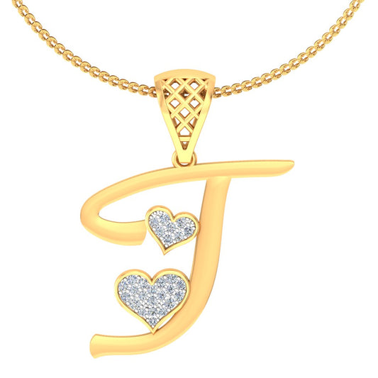 "J" for Just Wow or Just Mine Double Heart Initial Diamond Pendant (9K/14K/18K Gold) Alphabet Pendant Necklace by Avarta Jewellery