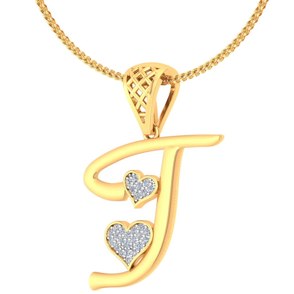 "J" for Just Wow or Just Mine Double Heart Initial Diamond Pendant (9K/14K/18K Gold) Alphabet Pendant Necklace by Avarta Jewellery