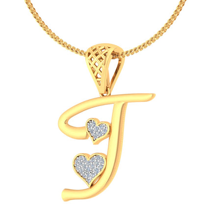 "J" for Just Wow or Just Mine Double Heart Initial Diamond Pendant (9K/14K/18K Gold) Alphabet Pendant Necklace by Avarta Jewellery