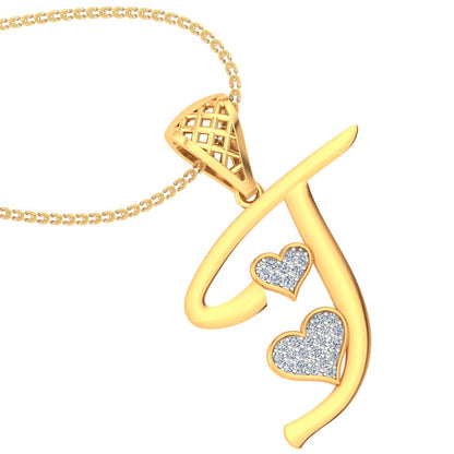 "J" for Just Wow or Just Mine Double Heart Initial Diamond Pendant (9K/14K/18K Gold) Alphabet Pendant Necklace by Avarta Jewellery