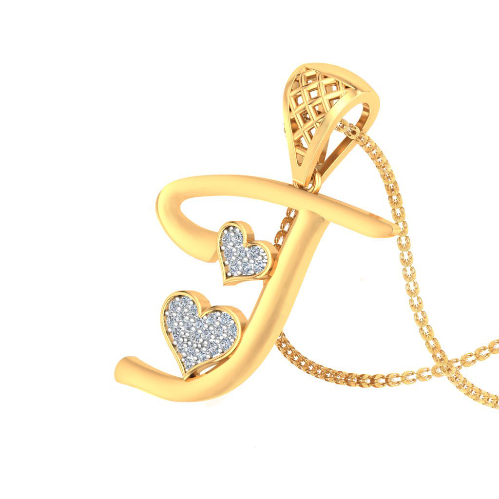 "J" for Just Wow or Just Mine Double Heart Initial Diamond Pendant (9K/14K/18K Gold) Alphabet Pendant Necklace by Avarta Jewellery