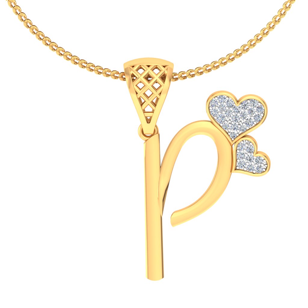 Blossoming Love "P" Initial Princess Pendant with Twin Hearts, Lab Grown Diamond Jewelry in 9K/14K/18K Gold, Modern Elegant Gift by Avarta Jewellery