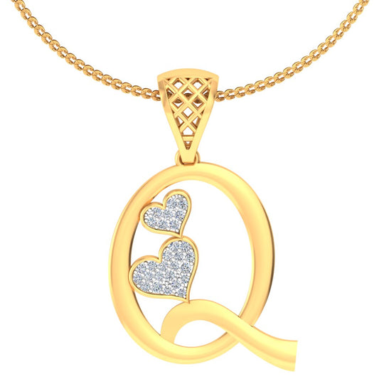 Graceful "Q" Quiet Luxury Initial Pendant with Double Hearts, Lab Grown Diamond Jewelry in 9K/14K/18K Gold | Modern Elegant Statement Piece
