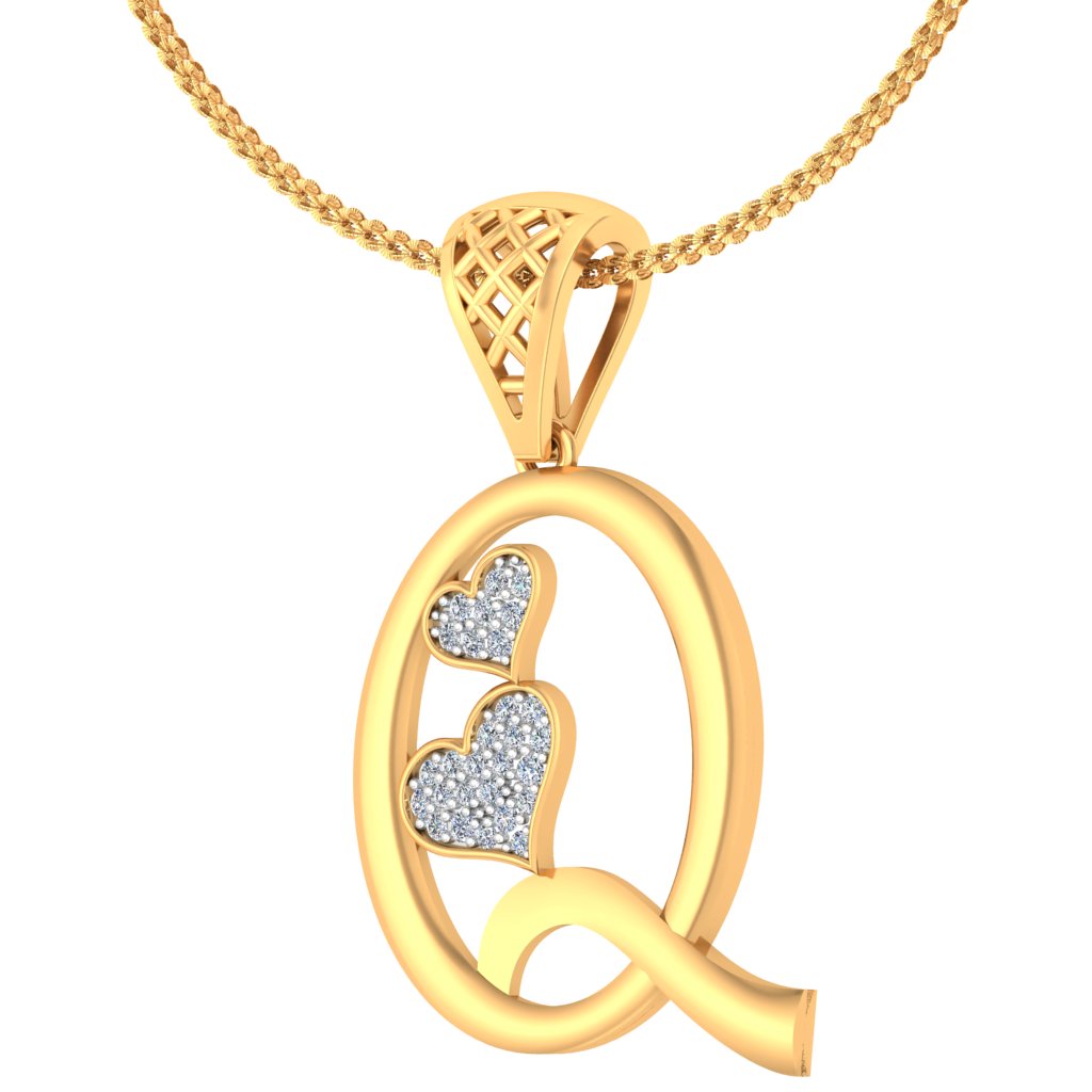 Graceful "Q" Quiet Luxury Initial Pendant with Double Hearts, Lab Grown Diamond Jewelry in 9K/14K/18K Gold | Modern Elegant Statement Piece