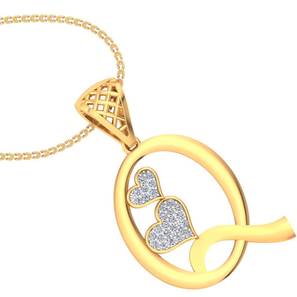 Graceful "Q" Quiet Luxury Initial Pendant with Double Hearts, Lab Grown Diamond Jewelry in 9K/14K/18K Gold | Modern Elegant Statement Piece
