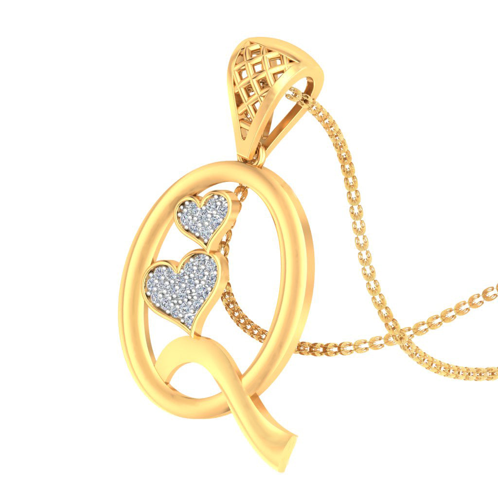 Graceful "Q" Quiet Luxury Initial Pendant with Double Hearts, Lab Grown Diamond Jewelry in 9K/14K/18K Gold | Modern Elegant Statement Piece