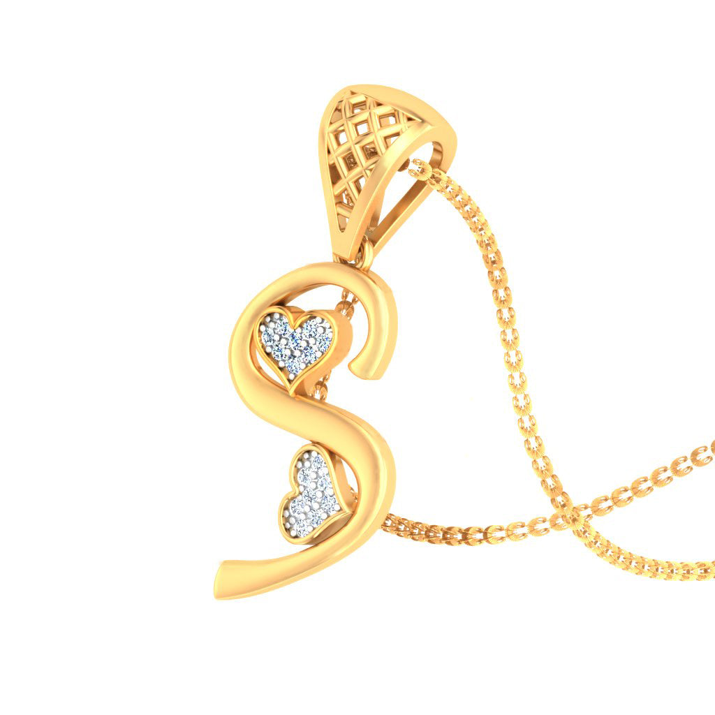 Sweetheart "S" Adorable Twin Hearts Initial Lab Grown Diamond Pendant in 9K/14K/18K Gold, Sparkly Alphabet Necklace by Avarta Jewellery
