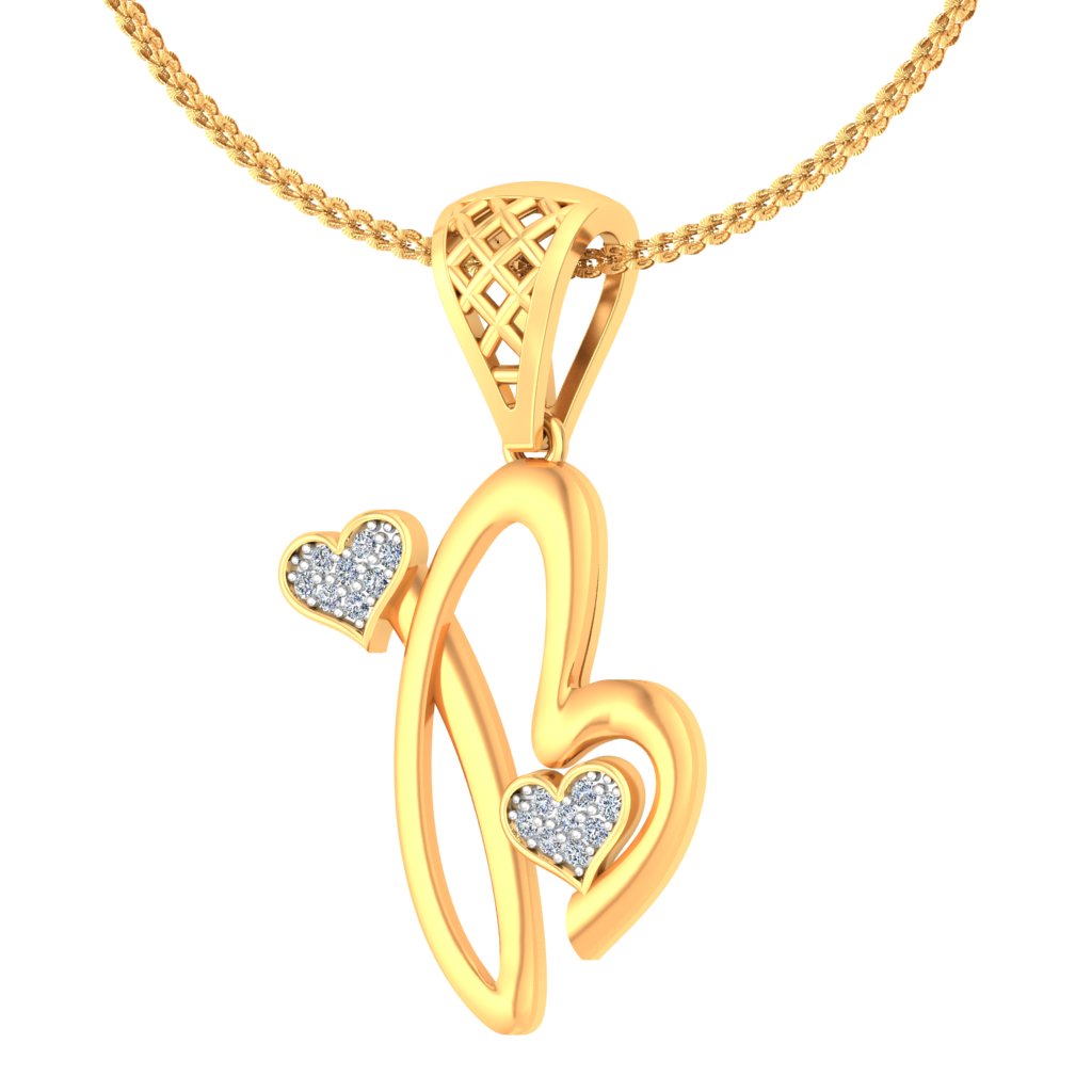 Delicate "B" Initial Pendant with Twin Hearts | Lab Grown Pave Diamond Alphabet Pendant in 9K/14K/18K Gold | Personalized Everyday Luxury Pendant Necklace