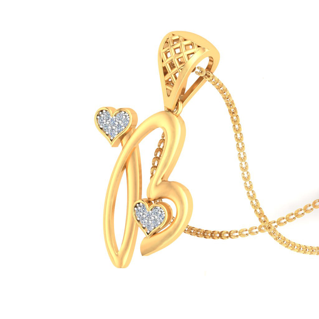 Delicate "B" Initial Pendant with Twin Hearts | Lab Grown Pave Diamond Alphabet Pendant in 9K/14K/18K Gold | Personalized Everyday Luxury Pendant Necklace