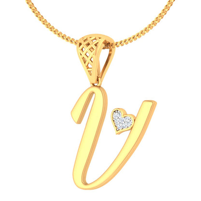 Warning: "V" Alphabet with Diamond Studded Heart May Cause Compliment Overload - Lab Grown Diamond Initial Pendant in 9K/14K/18K Gold