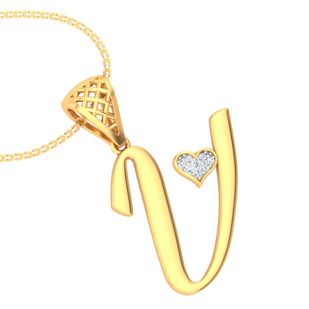 Warning: "V" Alphabet with Diamond Studded Heart May Cause Compliment Overload - Lab Grown Diamond Initial Pendant in 9K/14K/18K Gold