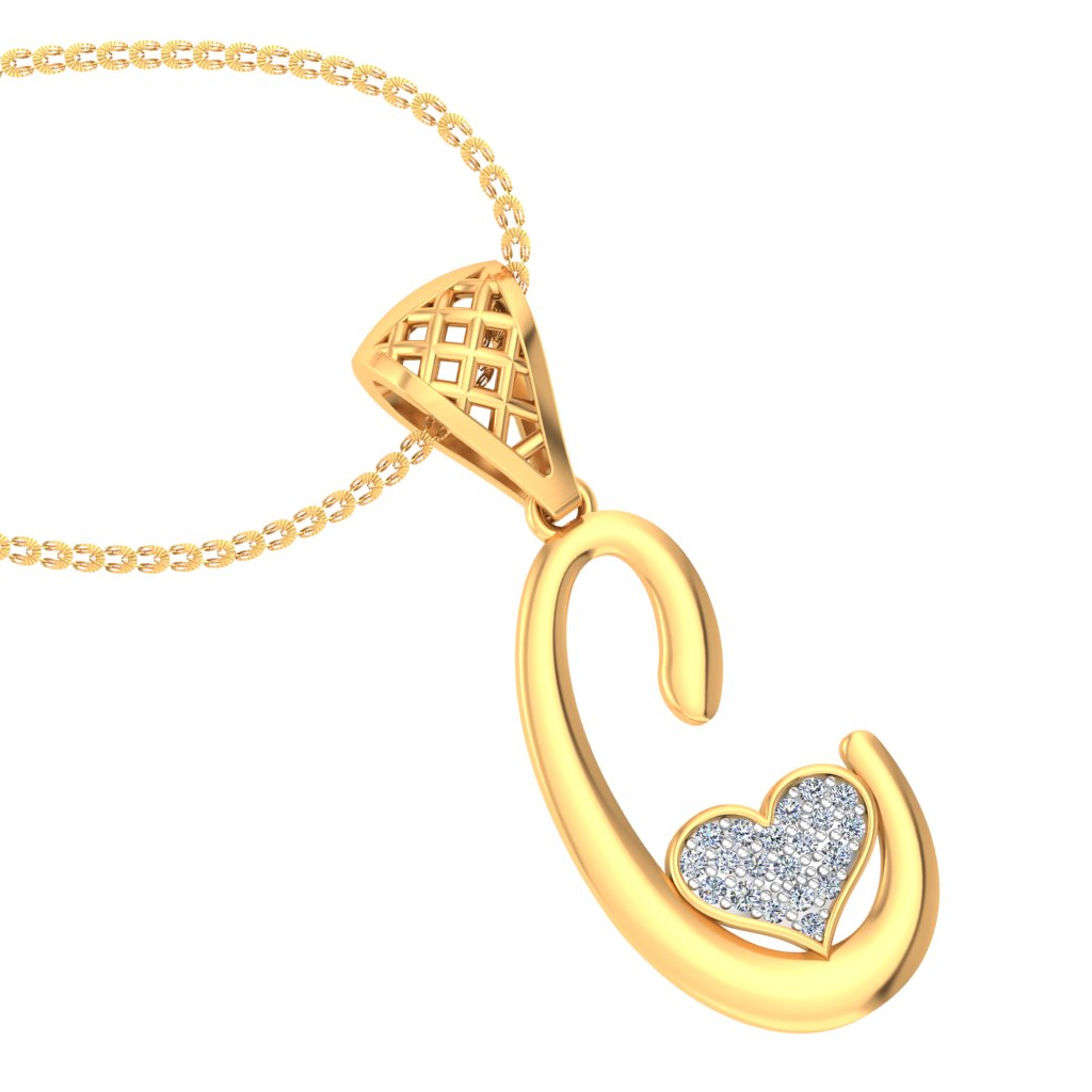 Signature "C" Initial with Double Hearts | Lab Grown Diamond Pendant in Yellow, Rose or White Gold | Luxe Modern Alphabet Jewelry in 9K|14K|18K