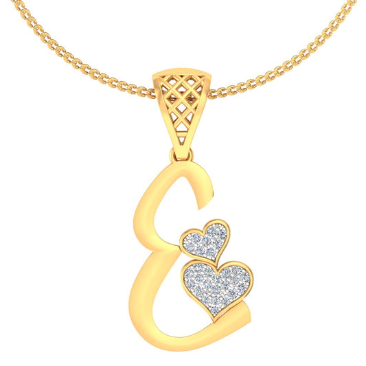 Minimalist "E" Initial Necklace with Twin Hearts | Lab Grown Diamond Alphabet Pendant in Yellow, Rose or White Gold | Luxe Modern Initial Jewelry