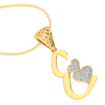 Minimalist "E" Initial Necklace with Twin Hearts | Lab Grown Diamond Alphabet Pendant in Yellow, Rose or White Gold | Luxe Modern Initial Jewelry