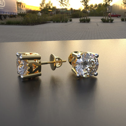 Avarta Jewellery Sterling Silver 2 Carat Each Solitaire Stud Earrings in Traditional Design with Gold Polish