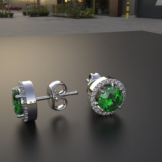 Avarta Sterling Silver Halo Emerald Green Solitaire Stud Earrings For Girls &amp; Women